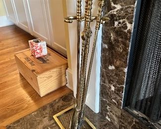 Solid brass fireplace tool set. 