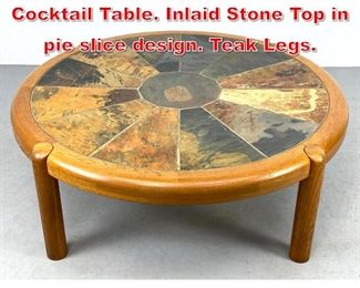 Lot 4 Danish Modern Teak Round Cocktail Table. Inlaid Stone Top in pie slice design. Teak Legs. 