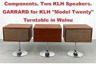 Lot 14 3pc Modernist Stereo Components. Two KLH Speakers. GARRARD for KLH Model Twenty Turntable in Walnu