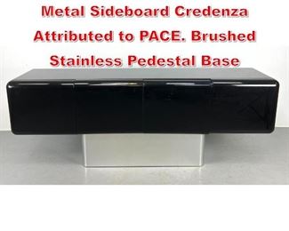 Lot 15 Large Black Lacquer and Metal Sideboard Credenza Attributed to PACE. Brushed Stainless Pedestal Base