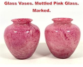 Lot 27 Pr STEUBEN Cluthra Art Glass Vases. Mottled Pink Glass. Marked. 