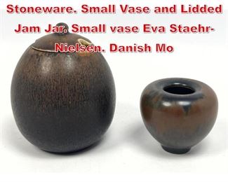 Lot 52 2pcs Danish SAXBO Stoneware. Small Vase and Lidded Jam Jar. Small vase Eva StaehrNielsen. Danish Mo