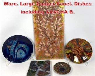 Lot 87 5pc Mid Century Enamel Ware. Large Copper Panel. Dishes including SASCHA B. 
