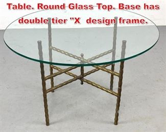 Lot 91 Brass Faux Bamboo Side Table. Round Glass Top. Base has double tier X design frame. 