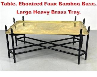 Lot 92 Baker style Brass Tray Top Table. Ebonized Faux Bamboo Base. Large Heavy Brass Tray. 