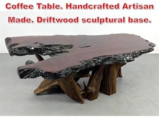 Lot 98 Large Live Edge Wood Slab Coffee Table. Handcrafted Artisan Made. Driftwood sculptural base. 