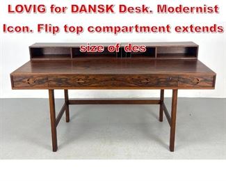 Lot 107 Danish Rosewood PETER LOVIG for DANSK Desk. Modernist Icon. Flip top compartment extends size of des