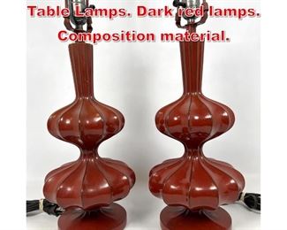 Lot 112 Pair, Corseted Melon Form Table Lamps. Dark red lamps. Composition material.