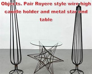 Lot 124 3pcs Decorative Metal Objects. Pair Royere style wire high candle holder and metal star end table