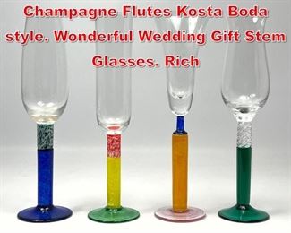 Lot 166 Set 4 Memphis Art Glass Champagne Flutes Kosta Boda style. Wonderful Wedding Gift Stem Glasses. Rich