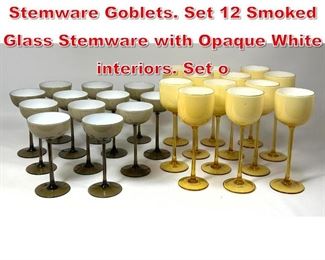 Lot 167 2 Sets Cased Glass Stemware Goblets. Set 12 Smoked Glass Stemware with Opaque White interiors. Set o
