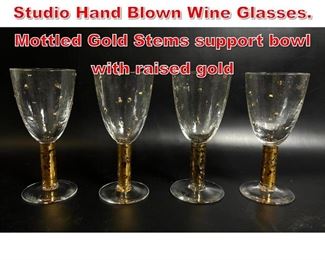 Lot 168 Set 4 STEVE SMYERS Studio Hand Blown Wine Glasses. Mottled Gold Stems support bowl with raised gold 