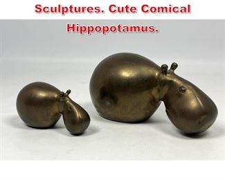 Lot 169 2pc Figural Brass Hippo Sculptures. Cute Comical Hippopotamus. 