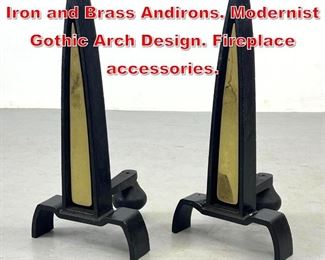 Lot 171 Pr DONALD DESKEY Black Iron and Brass Andirons. Modernist Gothic Arch Design. Fireplace accessories.