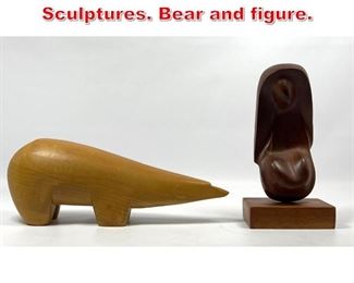 Lot 202 2 pcs Modernist wood Sculptures. Bear and figure. 