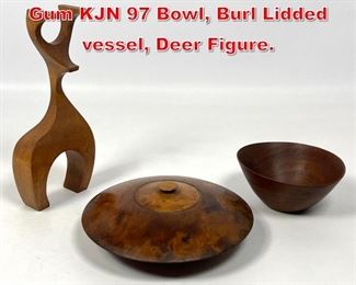 Lot 218 3pcs Wooden Objects. Red Gum KJN 97 Bowl, Burl Lidded vessel, Deer Figure. 