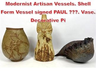 Lot 222 3pc Glazed Pottery Modernist Artisan Vessels. Shell Form Vessel signed PAUL . Vase. Decorative Pi