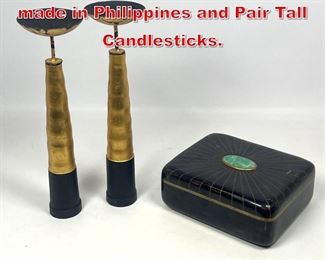 Lot 223 3pc Lot. Stone Inlaid Box made in Philippines and Pair Tall Candlesticks. 