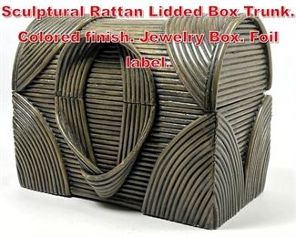 Lot 231 RENOIR DESIGNS Sculptural Rattan Lidded Box Trunk. Colored finish. Jewelry Box. Foil label. 