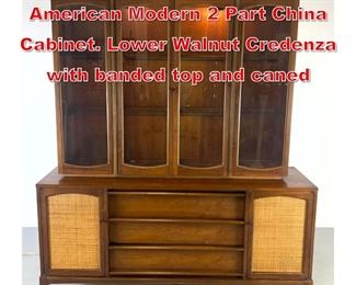 Lot 280 PLASTINO OWENS American Modern 2 Part China Cabinet. Lower Walnut Credenza with banded top and caned