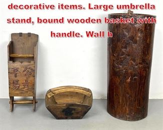 Lot 338 3pc lot Asian wooden decorative items. Large umbrella stand, bound wooden basket with handle. Wall h