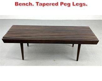 Lot 341 Dark Stained Wood Slat Bench. Tapered Peg Legs. 