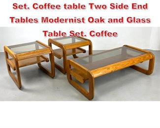 Lot 344 3pc LOU HODGES Table Set. Coffee table Two Side End Tables Modernist Oak and Glass Table Set. Coffee
