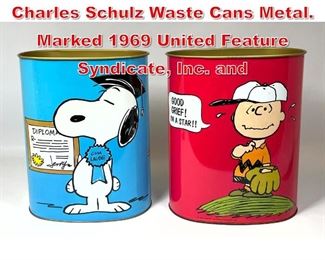 Lot 349 2pcs Vintage PEANUTS Charles Schulz Waste Cans Metal. Marked 1969 United Feature Syndicate, Inc. and