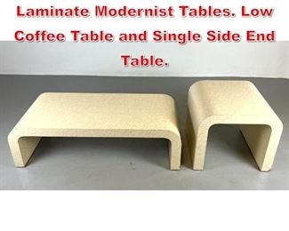 Lot 350 Pr Faux Birds Eye Maple Laminate Modernist Tables. Low Coffee Table and Single Side End Table. 