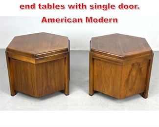 Lot 358 Pair Lane octagonal walnut end tables with single door. American Modern 