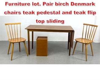 Lot 361 Mid Century Modern Furniture lot. Pair birch Denmark chairs teak pedestal and teak flip top sliding 