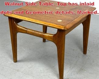 Lot 363 LANE American Modern Walnut Side Table. Top has inlaid dots and Geometric details. Marked. 