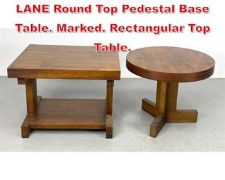 Lot 359 2pc Wood Side Tables. LANE Round Top Pedestal Base Table. Marked. Rectangular Top Table. 