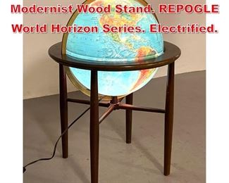Lot 362 Light Up World Globe in Modernist Wood Stand. REPOGLE World Horizon Series. Electrified. 