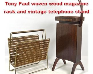 Lot 364 2pcs Mid Century Modern Tony Paul woven wood magazine rack and vintage telephone stand