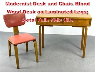 Lot 371 2pc Vintage THONET Modernist Desk and Chair. Blond Wood Desk on Laminated Legs Metal Pull. Side Cha