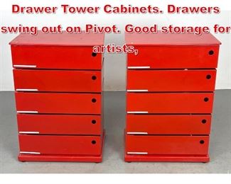 Lot 379 Pr Bright Red Enameled Drawer Tower Cabinets. Drawers swing out on Pivot. Good storage for artists, 