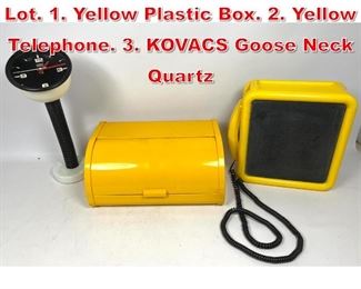 Lot 381 3pc Mid Century Design Lot. 1. Yellow Plastic Box. 2. Yellow Telephone. 3. KOVACS Goose Neck Quartz 