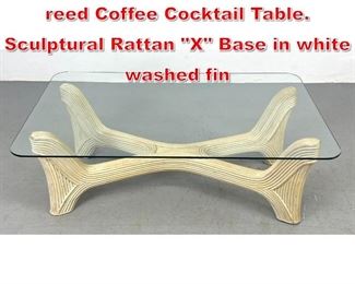 Lot 386 Designer Modernist Pencil reed Coffee Cocktail Table. Sculptural Rattan X Base in white washed fin