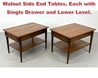Lot 387 Pr American Modern Walnut Side End Tables. Each with Single Drawer and Lower Level. 