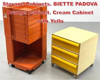 Lot 394 2pc Italian Plastic Rolling Storage Cabinets. BIETTE PADOVA Orange Cabinet. Cream Cabinet with Yello
