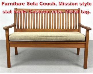 Lot 399 ARBORIA Teak Outdoor Furniture Sofa Couch. Mission style slat back. Cushion seta. Metal tag. 