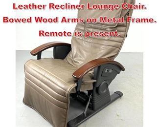 Lot 407 INTERACTIVE HEALTH Leather Recliner Lounge Chair. Bowed Wood Arms on Metal Frame. Remote is present.