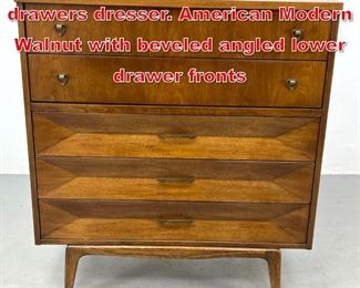 Lot 419 UNITED tall chest of drawers dresser. American Modern Walnut with beveled angled lower drawer fronts