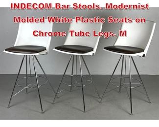 Lot 440 Set 3 JUST MEYER for INDECOM Bar Stools. Modernist Molded White Plastic Seats on Chrome Tube Legs. M