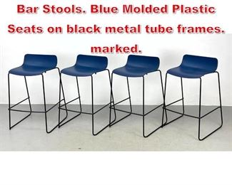 Lot 443 Set 3 SIT ON IT SEATING Bar Stools. Blue Molded Plastic Seats on black metal tube frames. marked. 
