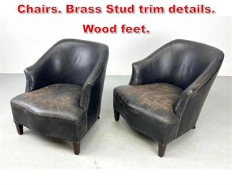 Lot 454 Pr Dark Leather Lounge Chairs. Brass Stud trim details. Wood feet. 