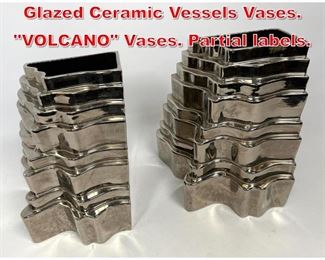 Lot 472 2pcs SERGIO ASTI Metallic Glazed Ceramic Vessels Vases. VOLCANO Vases. Partial labels. 