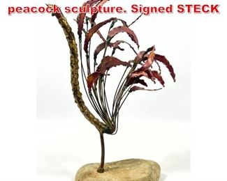 Lot 486 Abstract Mixed Metal peacock sculpture. Signed STECK