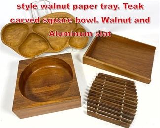Lot 490 4pc Woodware. Jens Risom style walnut paper tray. Teak carved square bowl. Walnut and Aluminum slat 